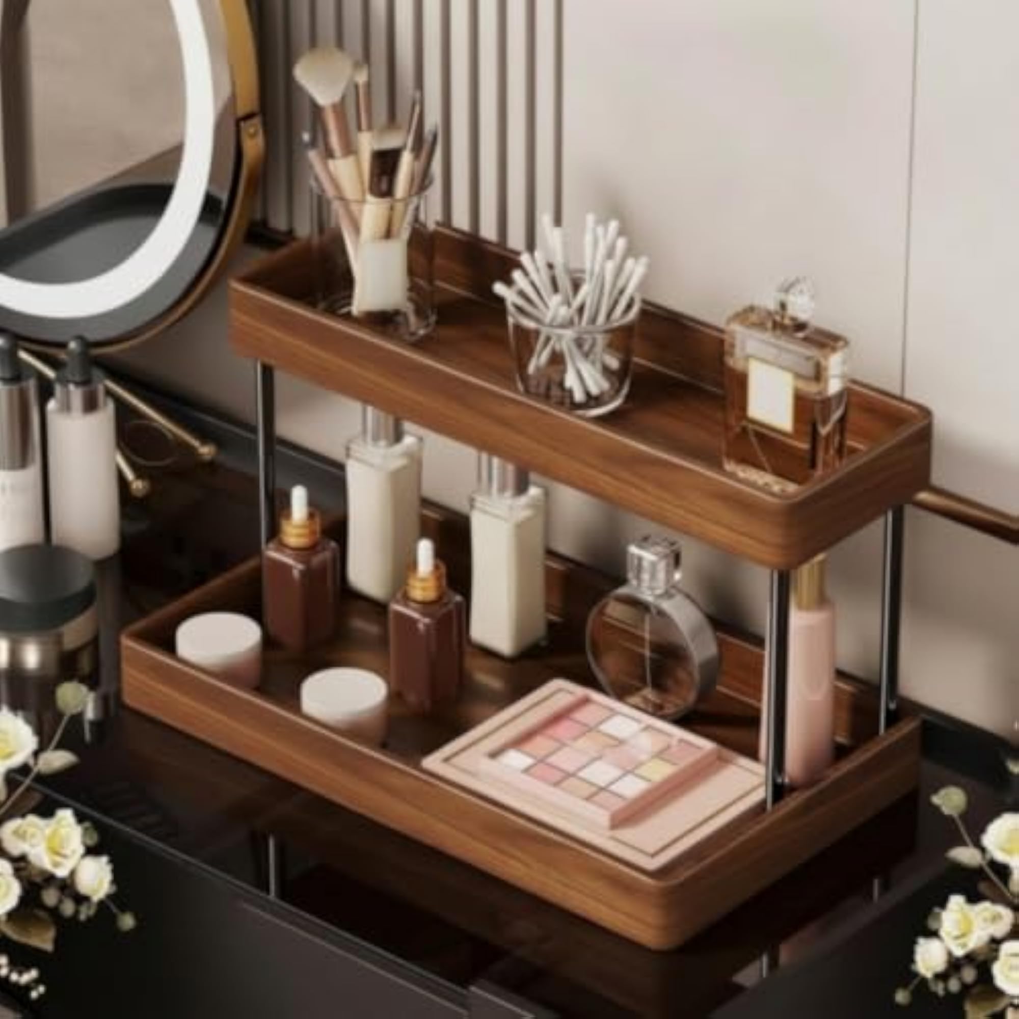 Solid Wood Vanity Organizer Space-Saving 2-Tier Wooden Rack